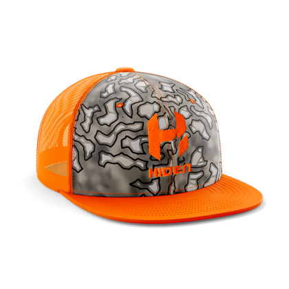 Adult/Youth Hiden® Blaze Orange/Arid Exile Camo™ Flatbill Snap Back Hat