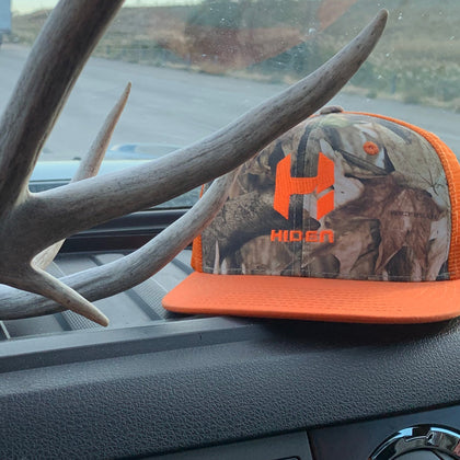 Hiden Blaze Orange/Hybricam Flat Bill Snap Back Hunting Hat